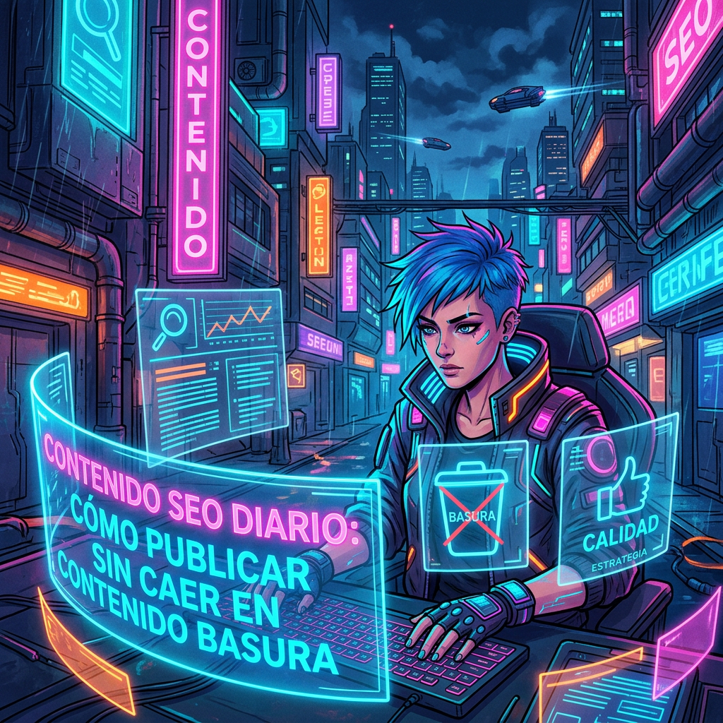 Cyberpunk creator at a computer beside Spanish text: "CONTENIDO SEO DIARIO: CÓMO PUBLICAR SIN CAER EN CONTENIDO BASURA"; panels read "BASURA" and "CALIDAD ESTRATEGIA".