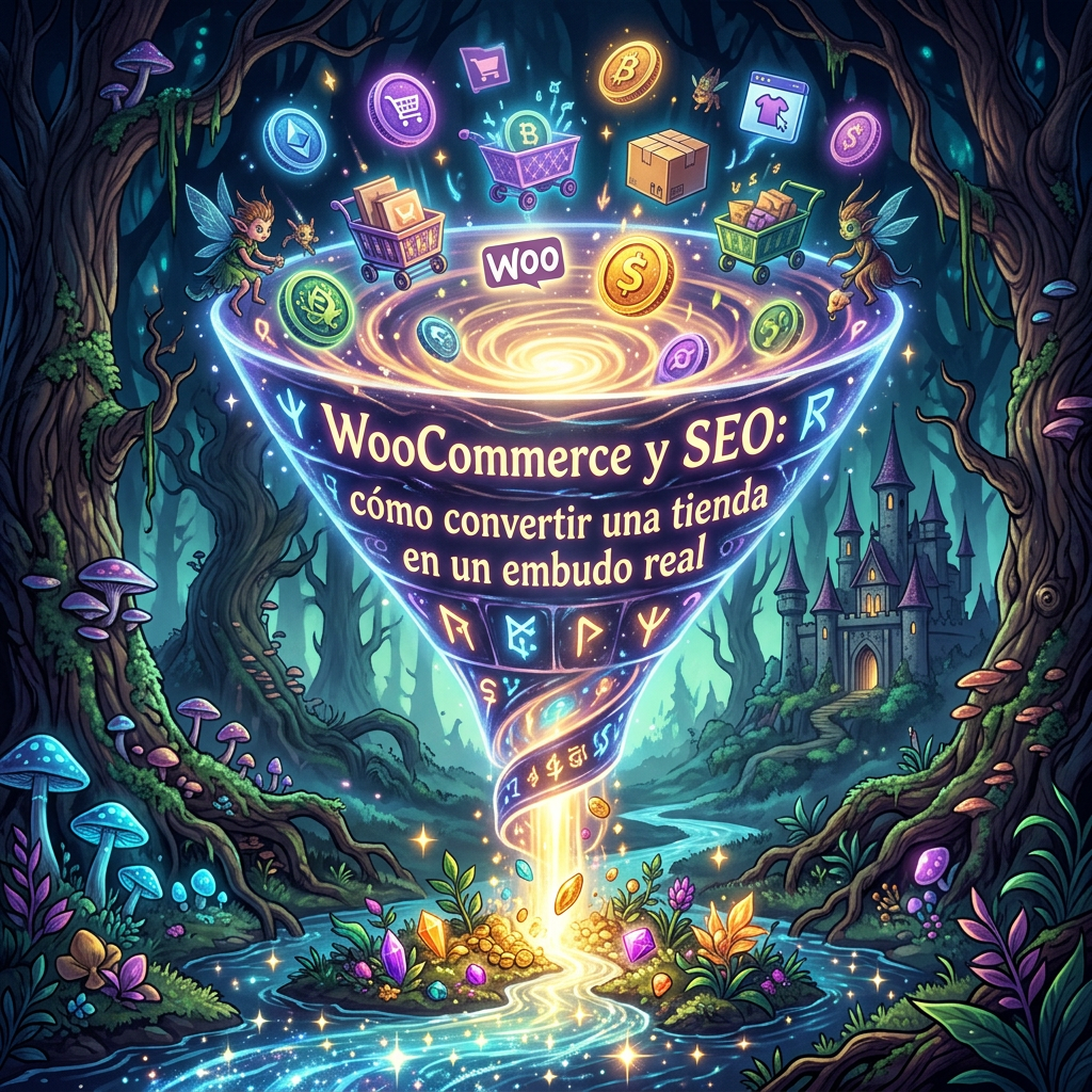 Ilustración fantástica con el texto “WooCommerce y SEO: R”, “Cómo convertir una tienda” y “en un embudo real”, rodeada de símbolos de comercio electrónico y monedas.