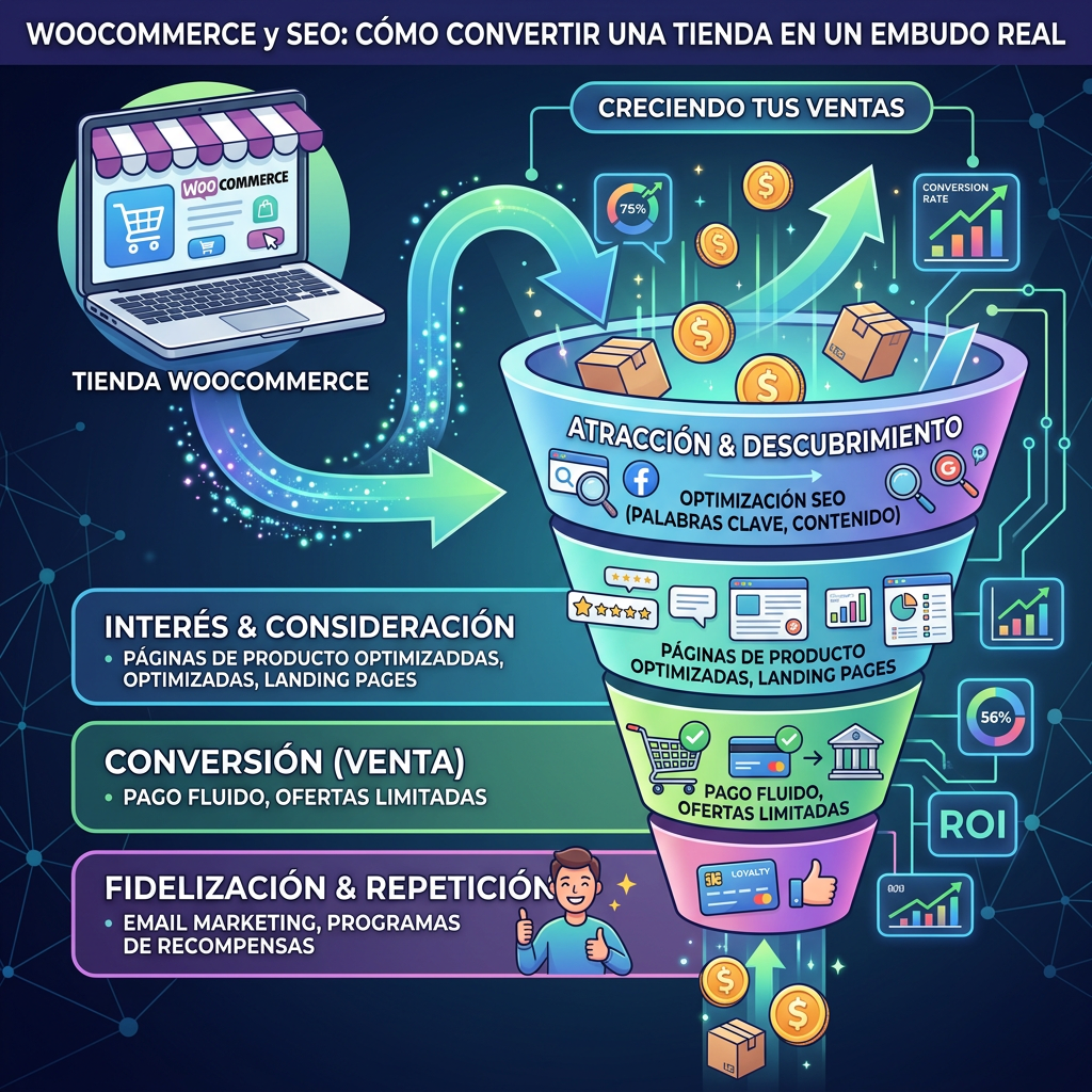 Infografía titulada “WOOCOMMERCE y SEO: CÓMO CONVERTIR UNA TIENDA EN UN EMBUDO REAL”, con etapas de atracción, consideración, conversión y fidelización.