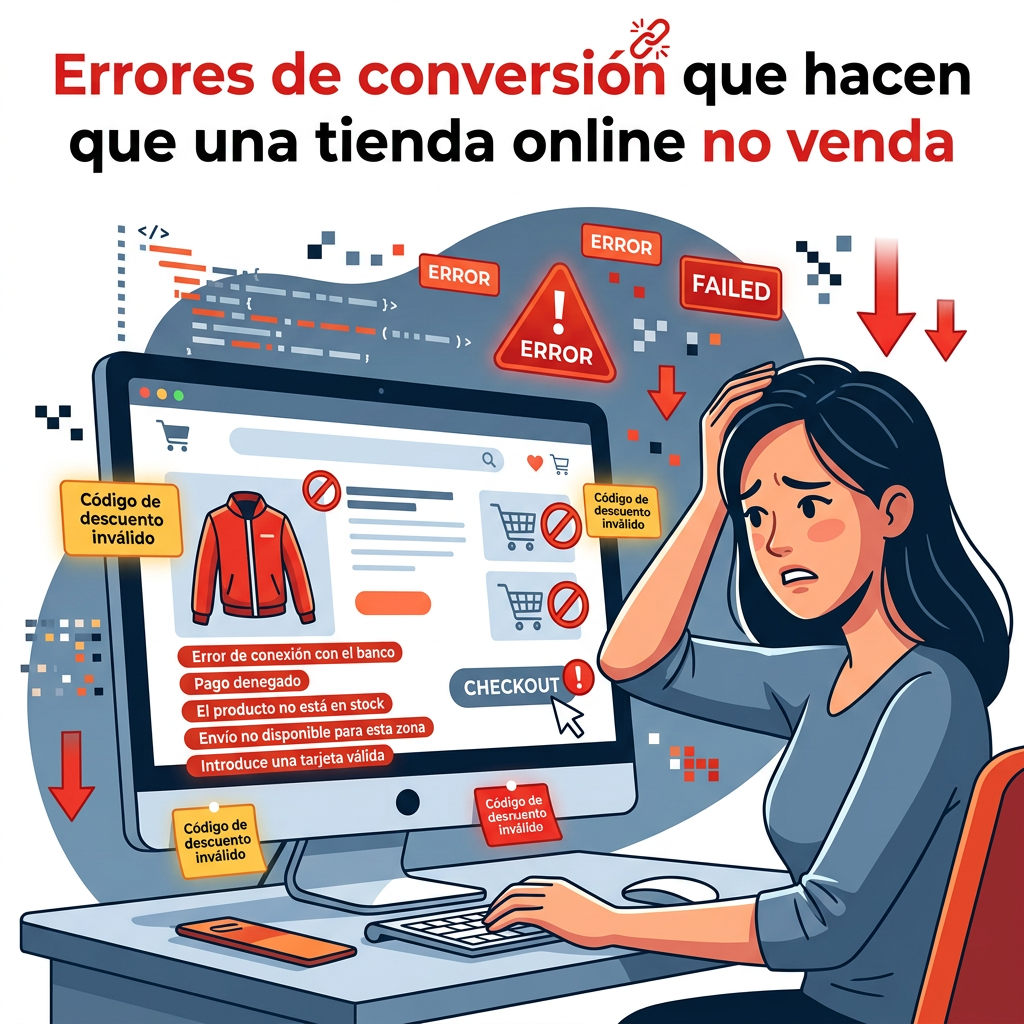 Errores de conversión que hacen que una tienda online no venda; descuento inválido, pago denegado, producto sin stock, envío no disponible, tarjeta inválida, error de conexión con el banco, ERROR, FAILED y CHECKOUT.